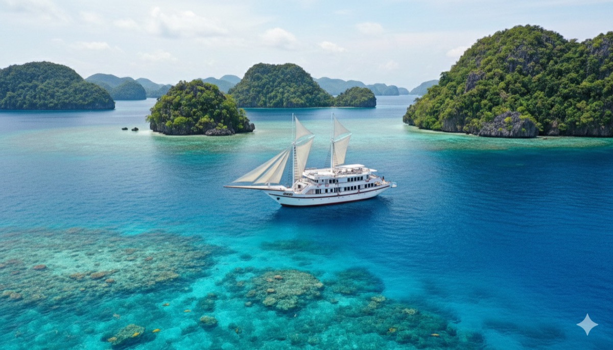 Aerial view of LASHA phinisi anchored over a turquoise coral bay in Komodo National Park